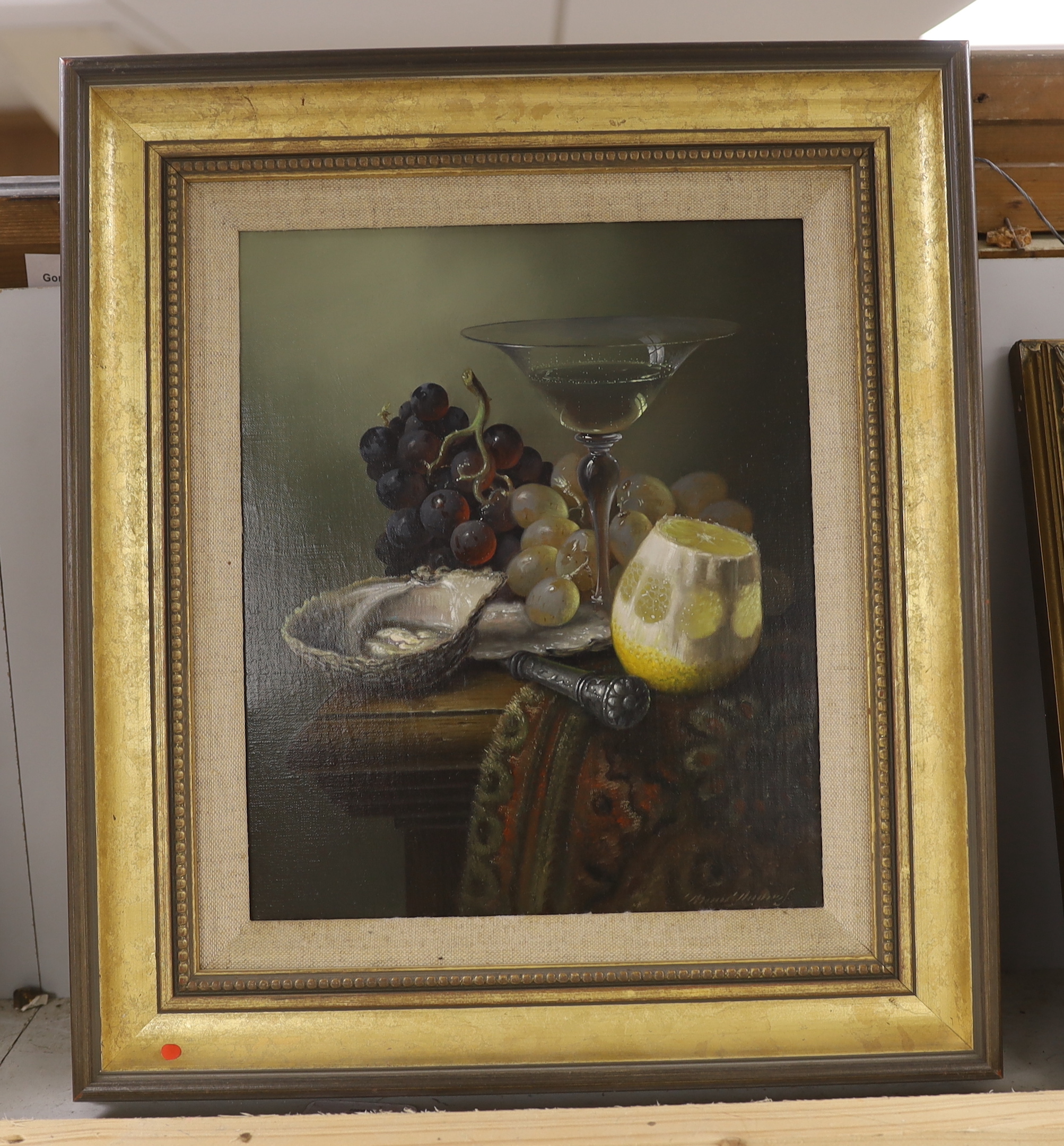 Brian Davies (1942-2014), 17th century Dutch style oil on canvas, Still life of grapes and oysters, signed, 29 x 34cm